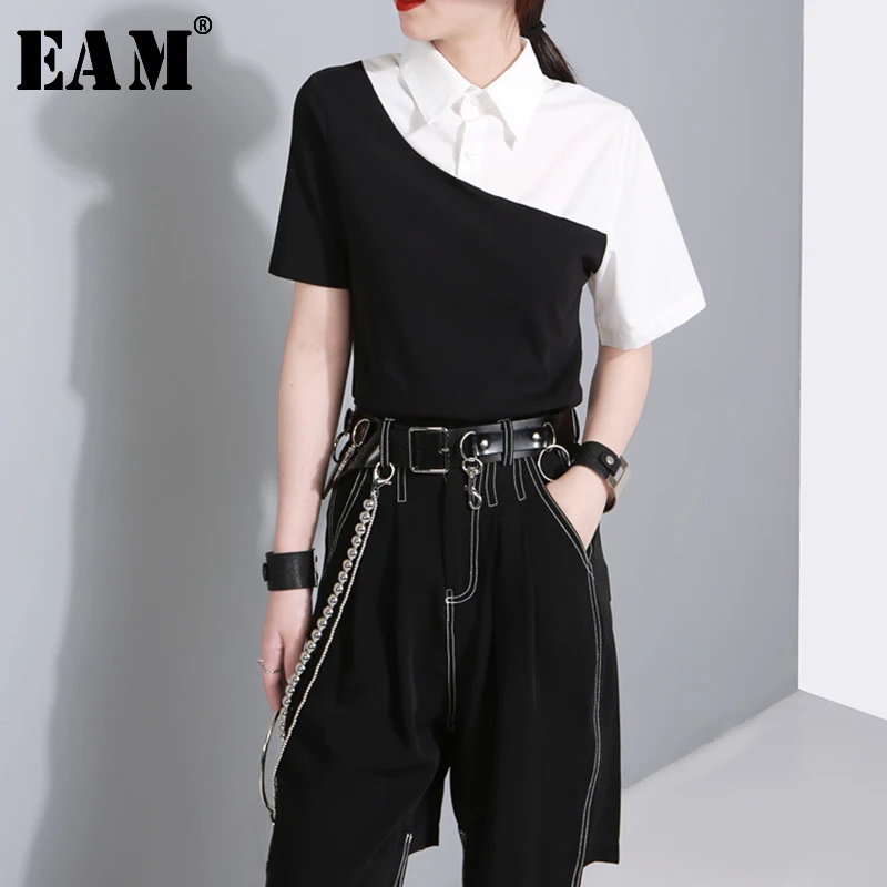 

[EAM] 2019 New Spring Summer Lapel Short Sleeve Black White Hit Color Irregular Stich Shirt Women Blouse Fashion Tide JU1720