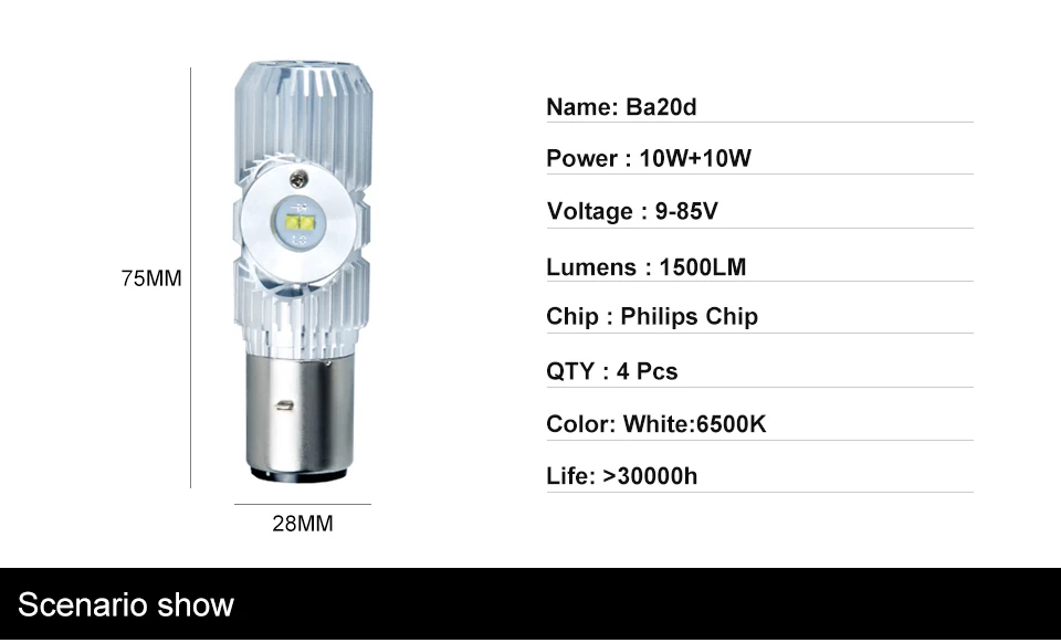 Foxcncar 1Pcs Ba20d LED motorcycle Headlight bulb Fanless Moped ATV 20W 1500LM 12V 9-32V 24V HiLo Lamp Motorbike Head Lamp Mini (2)
