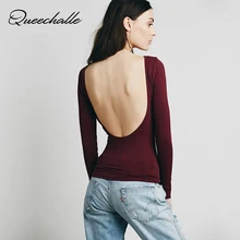 Queechalle Сексуальная u-образная футболка с открытой спиной для женщин весна осень О-образный вырез длинный рукав Повседневная Женская футболка винные женские топы