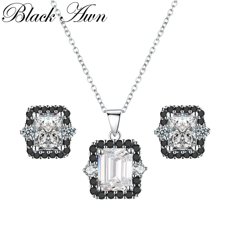 

[BLACK AWN] 925 Sterling Silver Jewelry Sets Black Spinel Square Necklace Pendant Earrings Set for Women Silver 925 Jewelry Z017