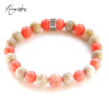 

Thomas Colorful Material Mix Featuring Pink Coral Stone Hieroglyphic Bead Bracelet, Mysterious Jewelry Gift for Women TS B357