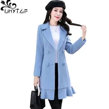 UHYTGF Осень Зима Новая шерстяная куртка для женщин тонкая юбка стиль Длинная ветровка верхняя одежда пояс двубортный шерстяное пальто 3XL910