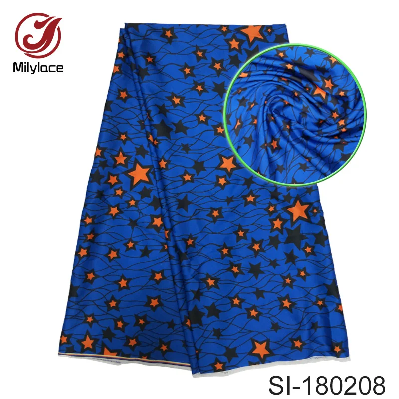 

African wax pattern silk fabric hot selling style blue color silk fabric digital printed design for dress SI180208