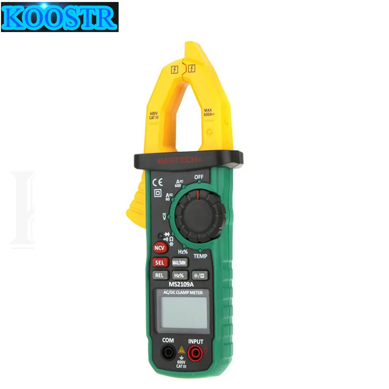 

Mastech MS2109A True RMS Auto Range Digital AC DC Clamp Meter 600A Multimeter Volt Amp Ohm HZ Temp Capacitance Tester NCV Test