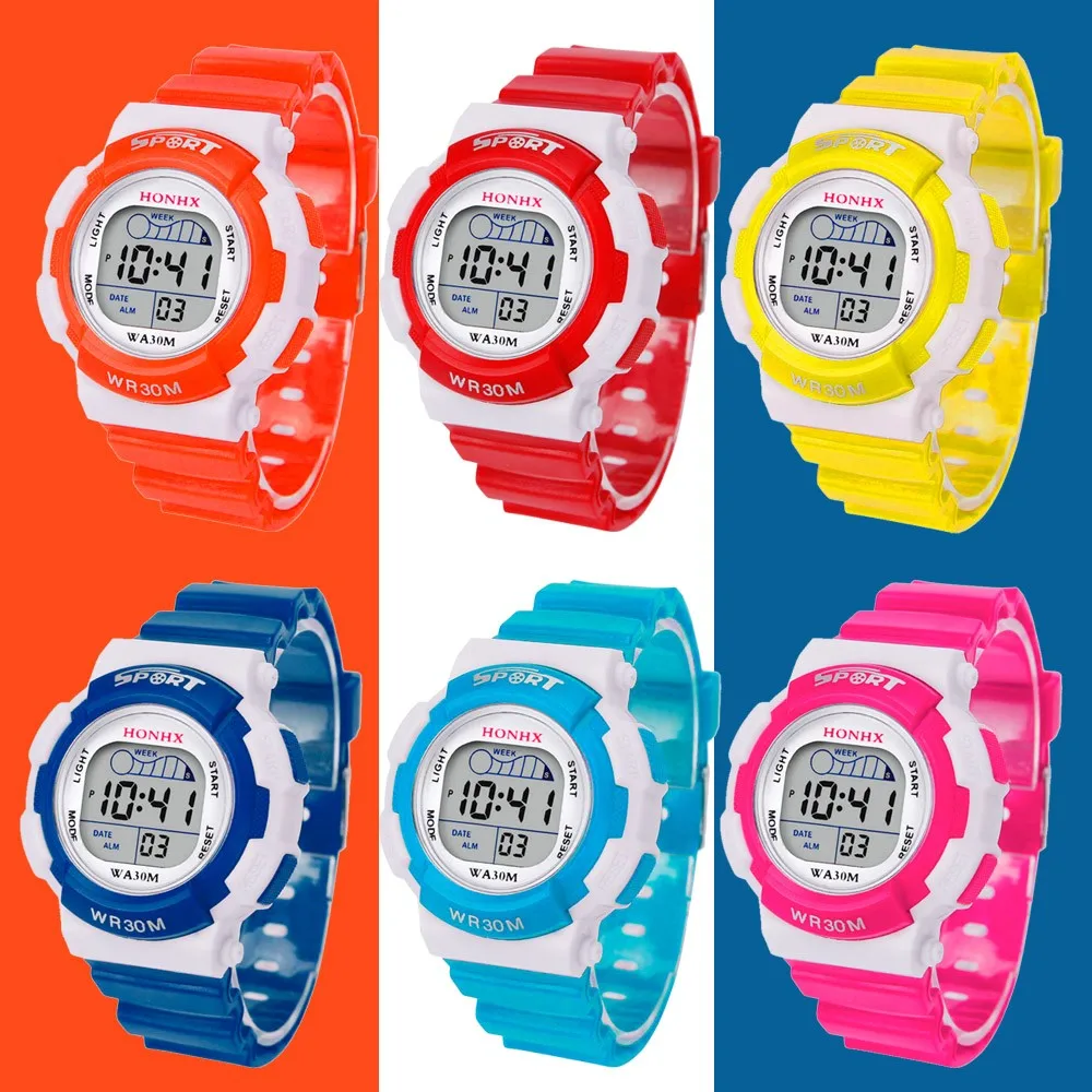 Для мальчиков цифровой светодиодный спортивные часы Дети сигнализации Дата Водонепроницаемый часы подарок