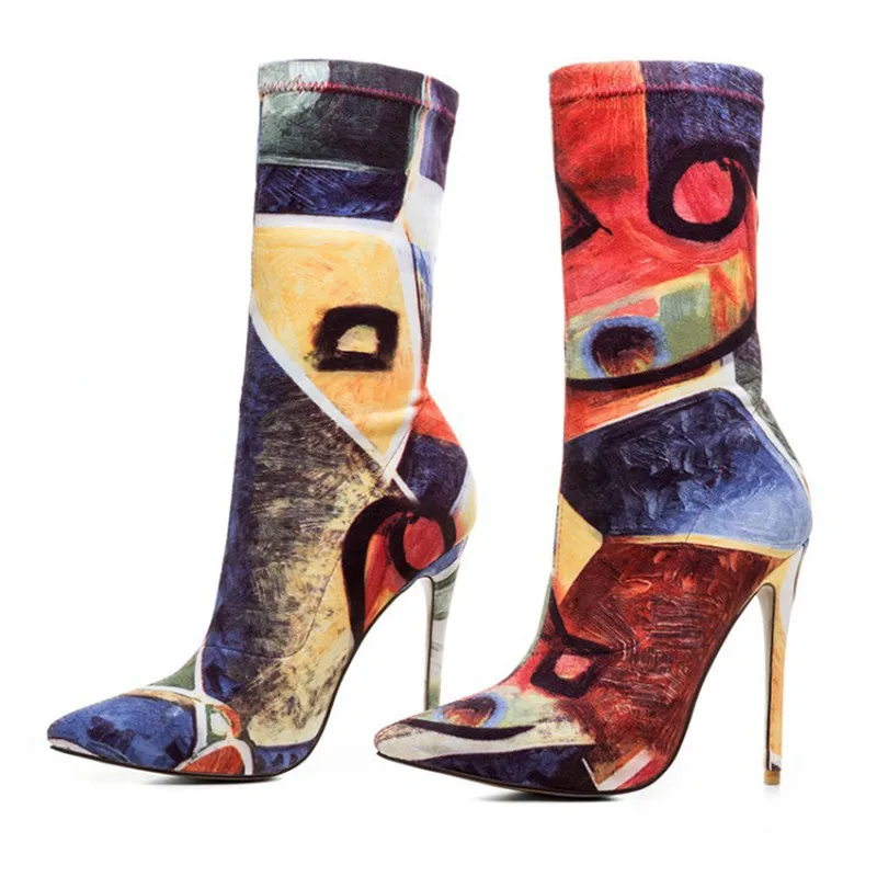 Hauts Bottes Piste Nouvelle Bout Parti over Pointu Chaussures The Femmes 2018 Stretch Mujer Knee Ankle Chaussette Peintures Talons Graffiti Sexy Cheville Zapatos Femme Yb7f6gvy