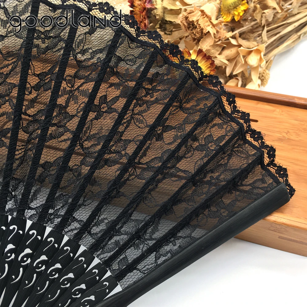 1pcs Vintage Retro Chinese Lace Hand Fan High Quality Black Bamboo Folding Fan Dance Fans Party Supplies For Gift