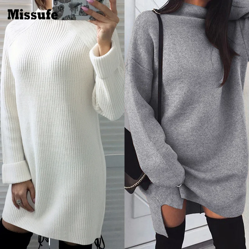 

Missufe Autumn Winter Turtleneck Warm Dress Slim White Gray Knitted Dress Elegant Solid Long Sleeve Dress Female Casual Vestidos