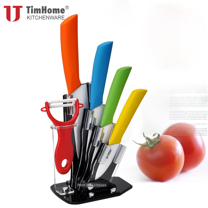 Tanie Ceramiczny zestaw noży 6 sztuk noże kuchenne z uchwytem krajalnica do mięsa kolorowe Timhome gorąca sprzedaż narzędzia kuchenne nóż do mięsa noże