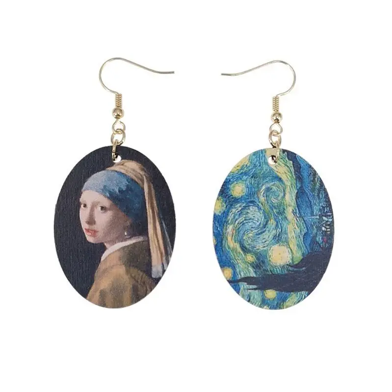 JAVRICK 1 Pc Oil Painting Art Van Gogh's stars Pearl Earrings Johannes Vermee Girls Women Natural Wood Earrings Fashion Jewelry