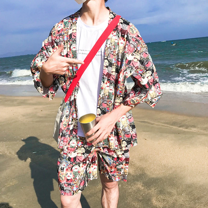 

Thin Style Full Printed Kimono Jacket Men 2018 Summer Open Stitch Sun Protect Beach Jacket