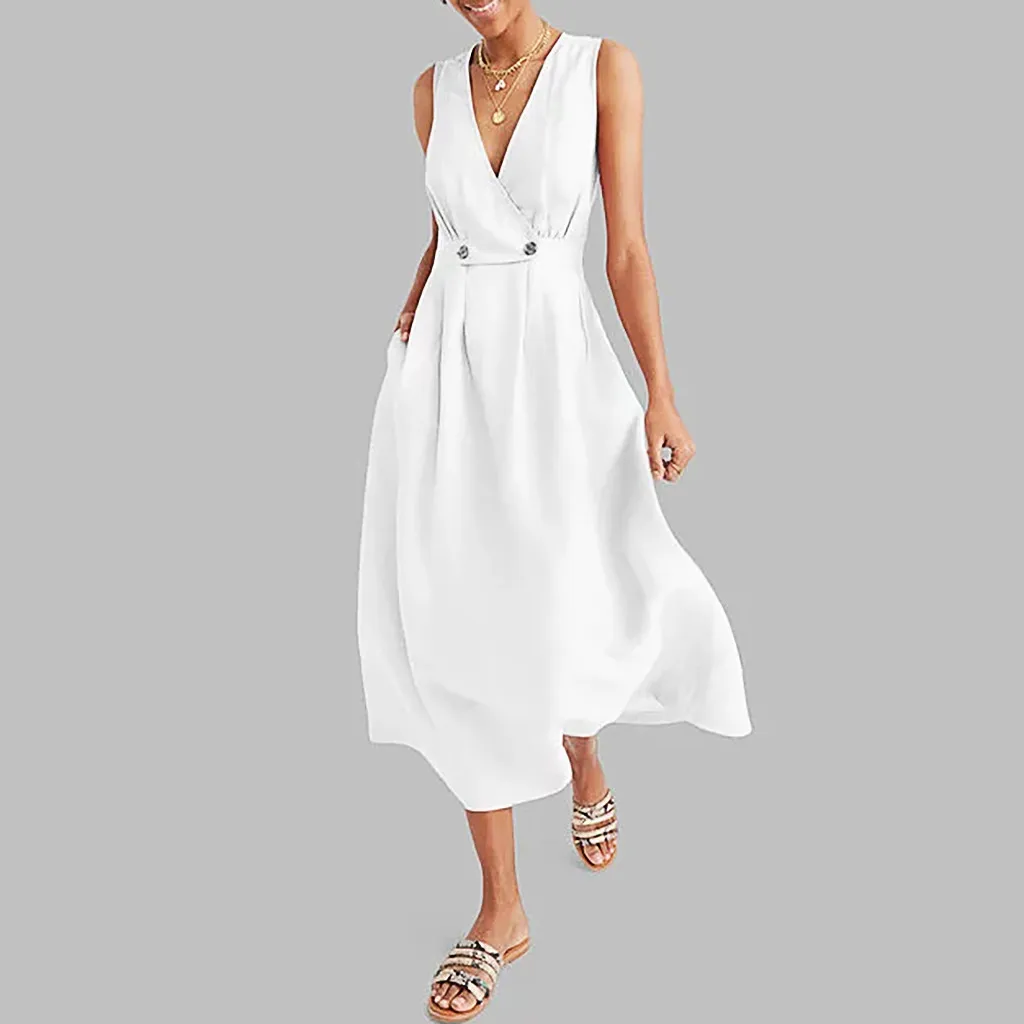 

feitong Women Summer Long Maxi Beach Dress Sundress V-Neck Pure Color Vest Sleeveless Button Easy Sandy Elegant Dresses Vestido
