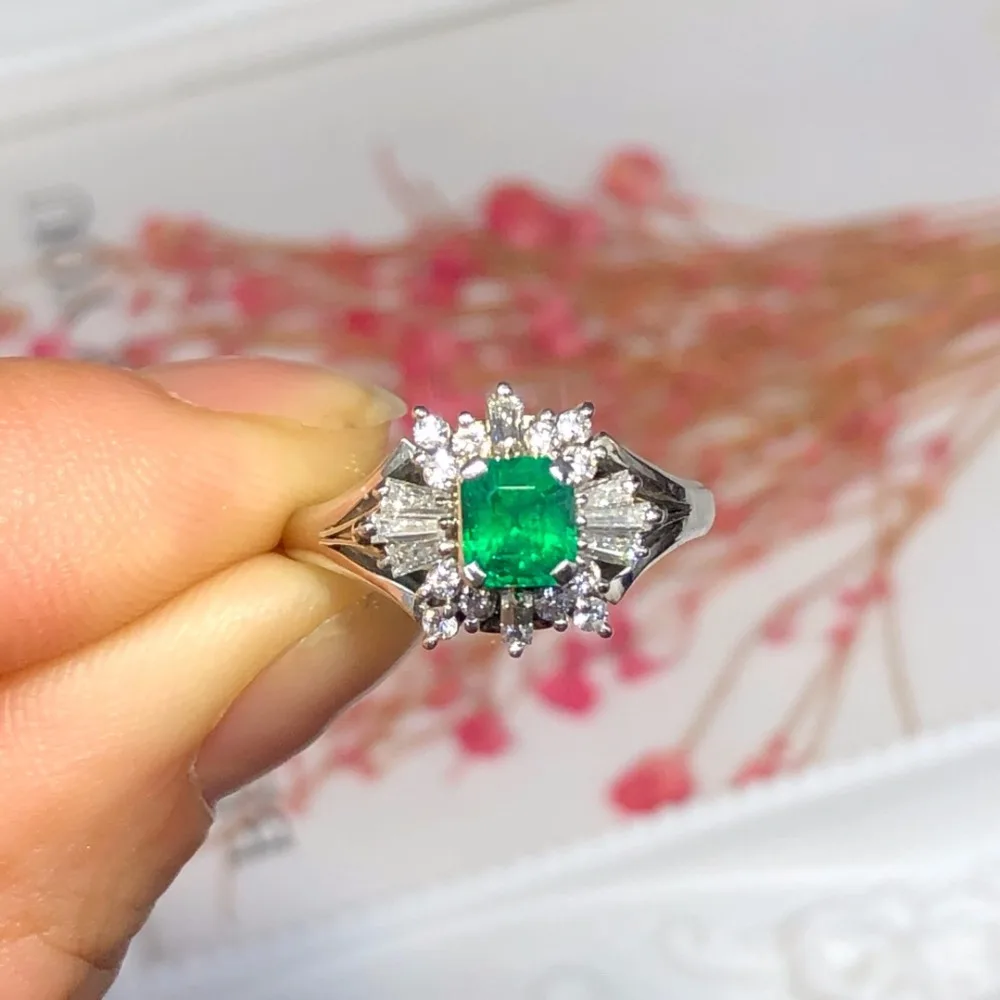 

Fine Jewelry Pt900 Platinum Real Diamonds 100% Natural Emerald 0.49ct Gemstones Female Wedding Rings for women Fine Ring