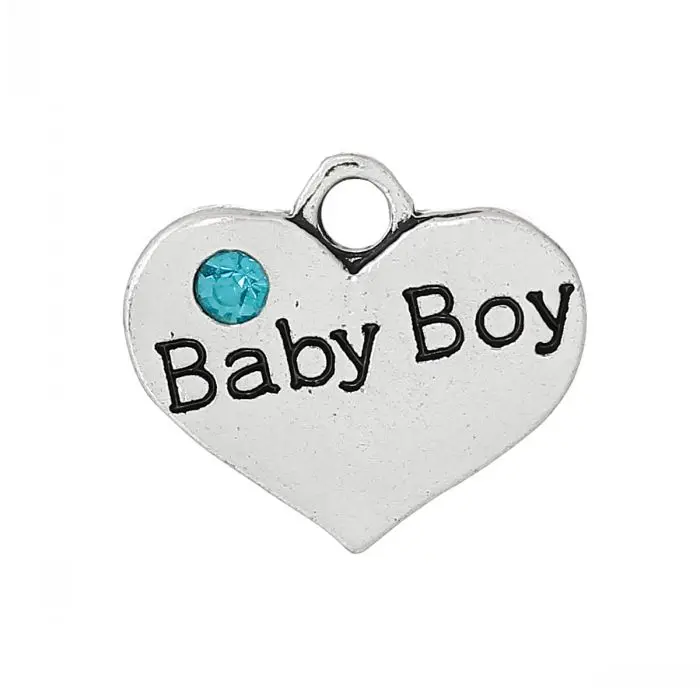 Doreen Box Charm Pendants Heart Silver Color Message&quotBaby Boy&quotCarved Skyblue Rhinestone 16mm x 14mm(5/8&quot 4/8&quot) 20 PCs |