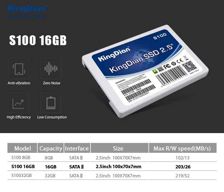 KingDian популярный SSD 16GB Внутренний твердотельный жесткий диск SATA SATAII 2,5 ''для настольных ПК S100 16GB