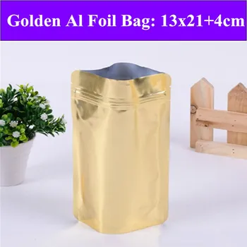 

50pcs/lot 13cm*21cm+4cm(Bottom) 27mic Golden Aluminizing(VMPET) Bags,Stand Up Zipper Bag,Resealable Retail Bag,Storage Bag