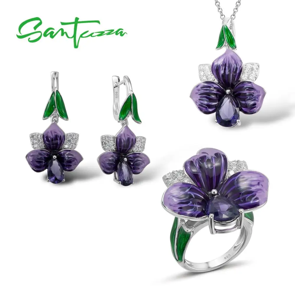 SANTUZZA Jewelry Set HANDMADE Enamel Big Charming Purple Flower Rings
