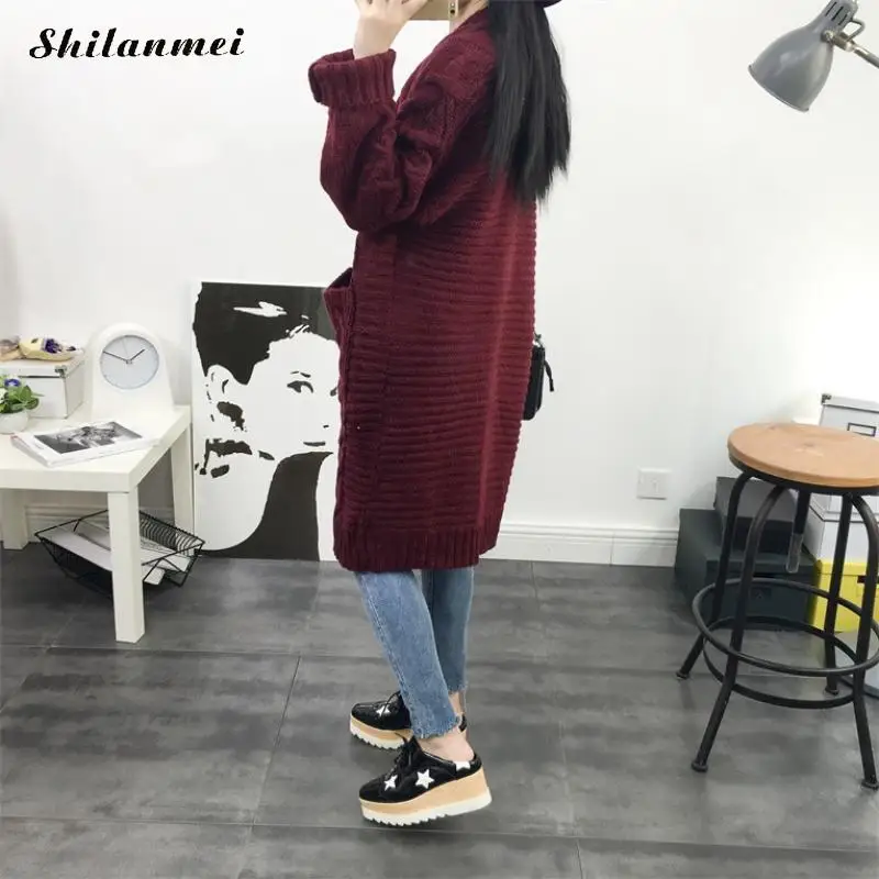 2018 Women Autumn Winter Sweater Green Long Cardigan Female Solid Purple Sweater Thick Long Sleeve Outwear With Two Pockets Sweaters