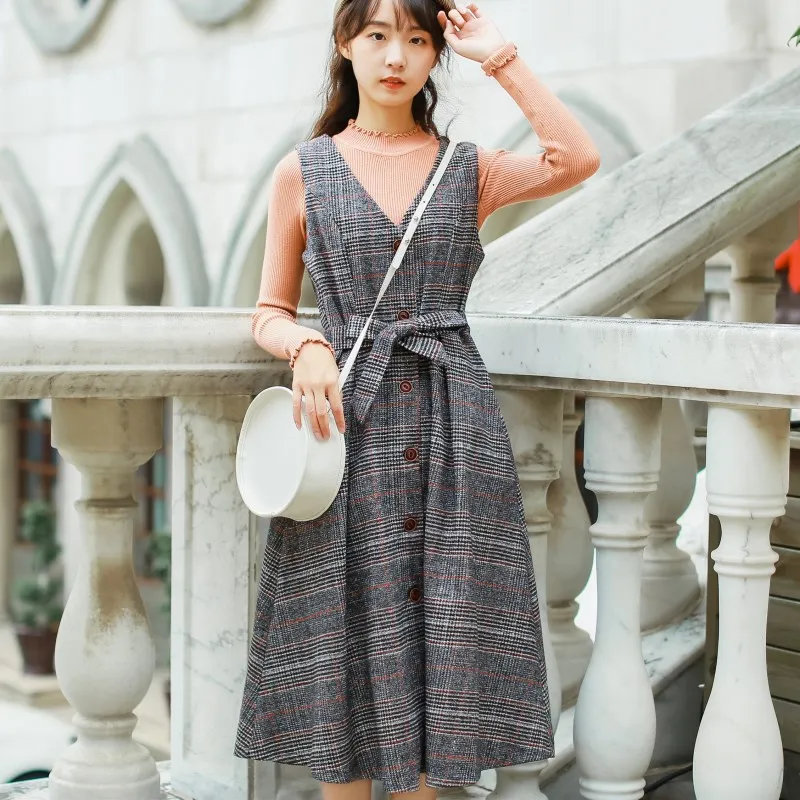 

2019 Mori Girl Autumn Winter Long Sundress Women Gorgeous Plaid Retro Warm Shirt Dress Korea Sweet Decent Wool Lady Party Dress
