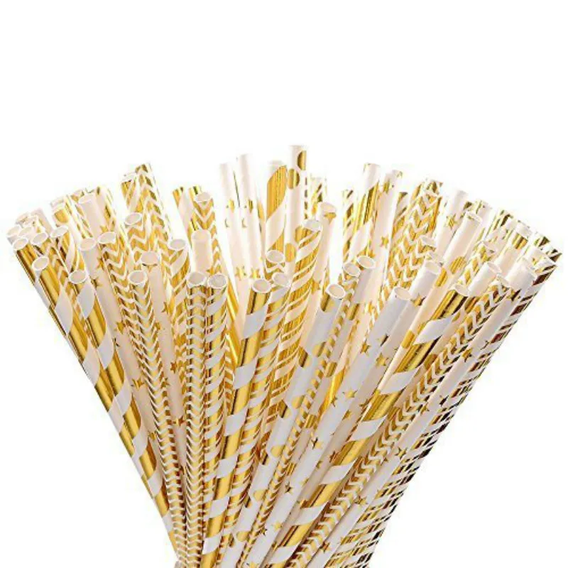 

250pcs/lot Bronzing Gold Striped Paper Straws for Birthday Wedding Shower Bachelorette Party Iridescent Drinking Straws Supplies