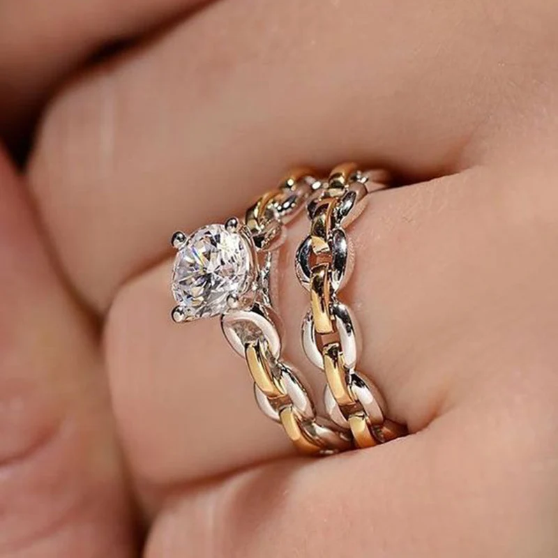 

Fashion 2019 Men Rings Mix Gold Silver Color Top Quality Bling Bling Zircon Double Link Chain Hip Hop Punk Ring for Women Z3M225