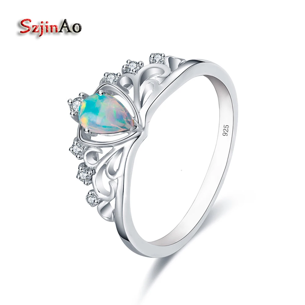 Szjinao New Brand Luxury Opal Crown Rings for Women 100% Handmade 925 Sterling Silver Heart Shape Wedding Engagement Jewelry