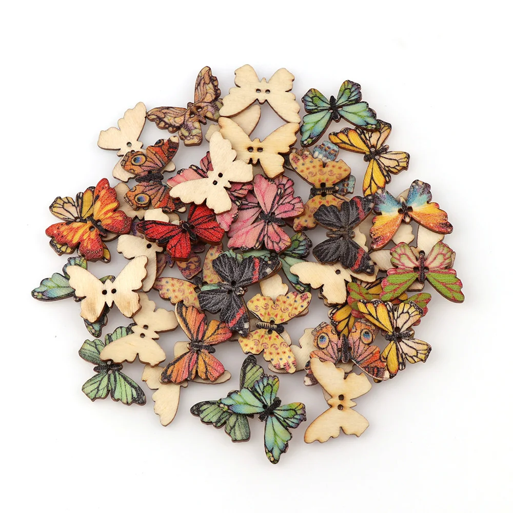 50PC 2 Holes 3 Size Colorful Butterfly Wooden Buttons Fit Sewing And Scrapbooking Sewing Buttons For Craft DIY Mixed
