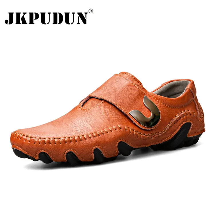JKPUDUN/мужская повседневная обувь из натуральной кожи; люксовый бренд; коллекция года; мужские лоферы; дышащая итальянская обувь для вождения; удобные мокасины без застежки - Цвет: Red brown