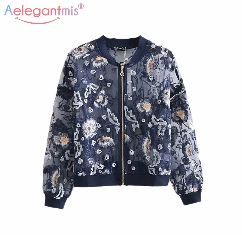 

Aelegantmis New Design Flower Embroidery Bomber Jackets Women Fashion Chic Hollow Out Thin Loose Coats Lady Jackets Autumn
