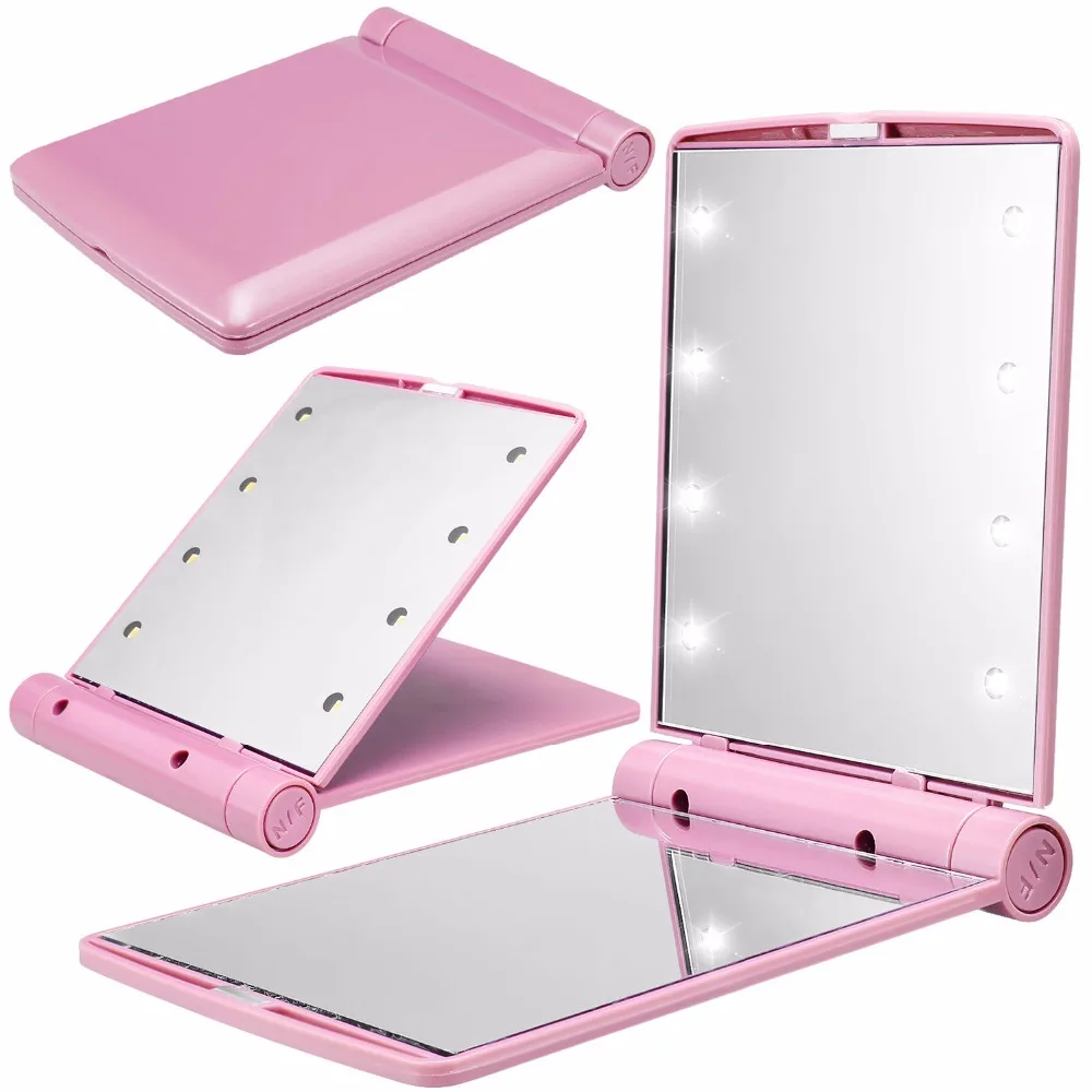 Makeup Cosmetic Folding Portable Compact Pocket Mirror with 8 LED Lights Lamps Do not Come with Battery 5pcs/lot P166