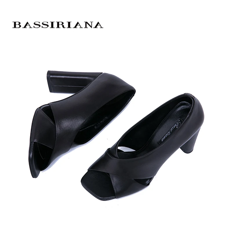 BASSIRIANA/ обувь из натуральной кожи на высоком каблуке, женские сандалии, женские летние Черные слипоны, Размеры 35-40