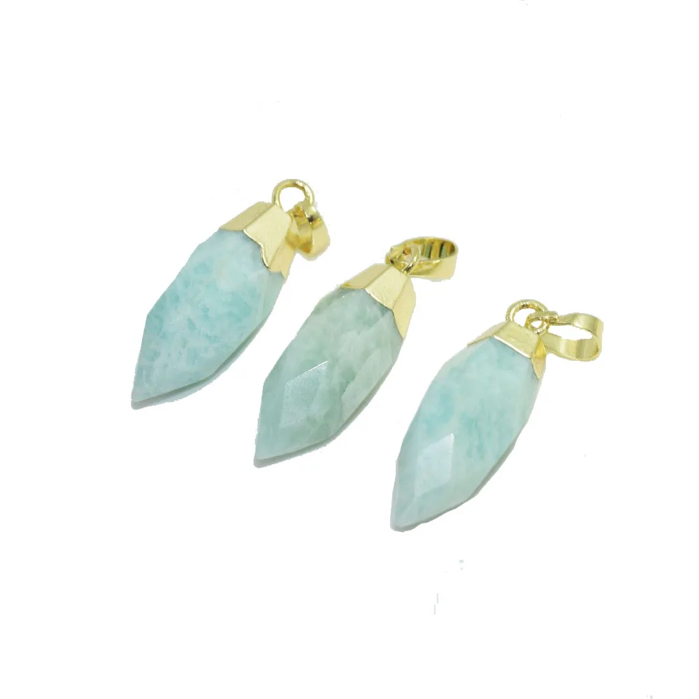 

5ps Gold Cap Green Gothic Faceted natural Jewelry stone charm bullet pendant big marble genuine crystal quartz amazonite pendant