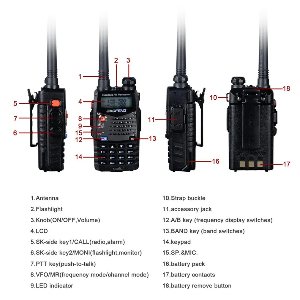 UV-5RA Professional Hand-held Transceiver FM Radio Receiver Walkie-talkie Interphone Scanner Dual Band EU Plug Dual-Standby
