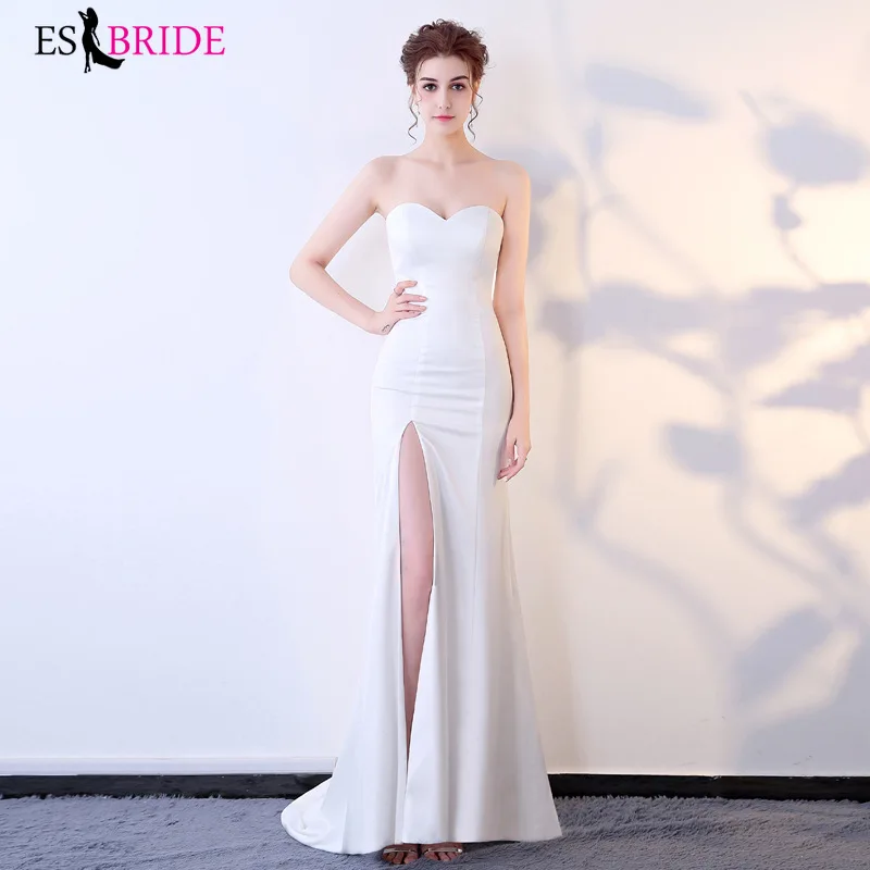 Formal Evening Dresses Long Evening Dress Sexy Strapless New Elegant Satin Lace Appliques Sleeveless Wedding Guest Gowns ES1255
