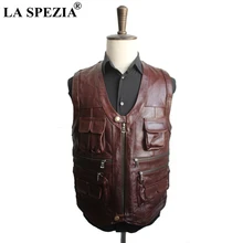 LA SPEZIA Real Leather Vest Man Jacket Sleeveless Brown Genuine Leather Zipper Multi Pocket Vest Male Motorcycle Biker Waistcoat LA SPEZIA Real Leather Vest Man Jacket Sleeveless Brown Genuine Leather Zipper Multi Pocket Vest Male Motorcycle Biker Waistcoat