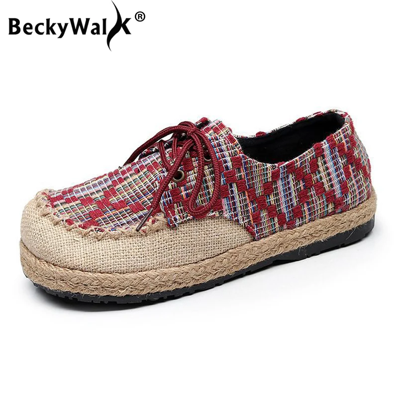 

BeckyWalk Women Lace-Up Canvas Shoes Casual Checked Spring Autumn Women Flats Sneakers Round Toe Flat Heel Ladies Shoes WSH3011