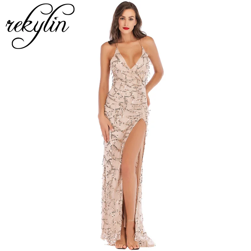 

2019 New Fashion Elastic Sequin V Collar Exposed Back Long Party Dress