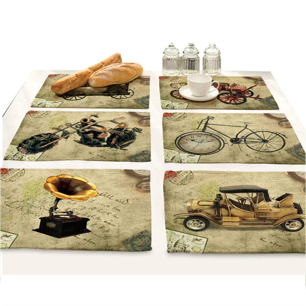 

Retro Cartoon Car Gramophone Print Bar Dining Table Mat Drink Coasters Manteles Individuales Doilies Drawer Liner placemat bowl