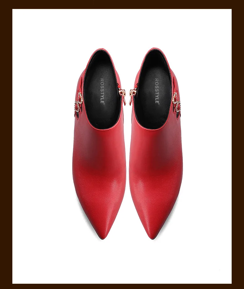 Sale ROSSTYLE Winter Fashion Woman Ankle Boot High Quality Genuine Leather Short Boot Zipper Sexy Pointed Toe Thin Heel Warm Boot B33 30