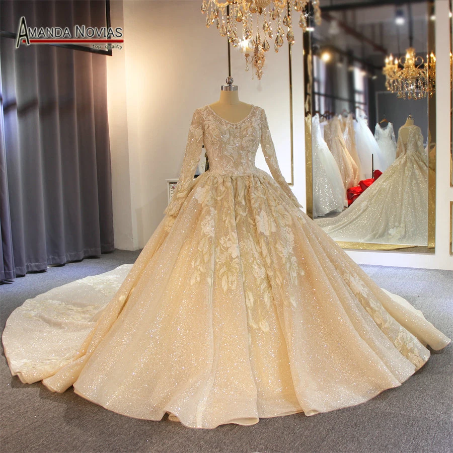 

2019 luxury shinny wedding dress robe de soiree long sleeves muslim bridal dress