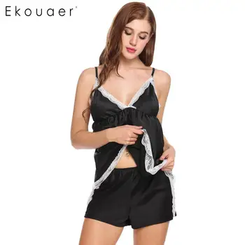 

Ekouaer Sexy Two Piece Satin Pajamas Set V Neck Women Lace Trim Cami Tops and Elastic Waist Shorts Pajamas Sleepwear Nightwear