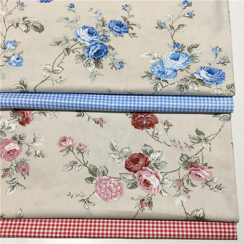 

160cm Width Grey Red Blue Blooming Flower Check Printed 100% Cotton Fabric Floral Fabric Patchwork apparel quilting cushion shee