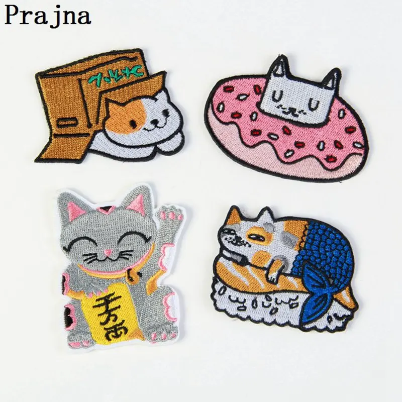 

Prajna Cute Cartoon Patches Cat Doughnut Box Cat Fortune Cat Cheap Embroidered Badges Iron On Patch For Clothes Stripes Sticker