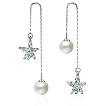 

Women Fashion 925 Silver Zircon Star Pearl Long Chain Tassel Dangle Earrings for Girls Female Statement Ear wire Jewelry EH234