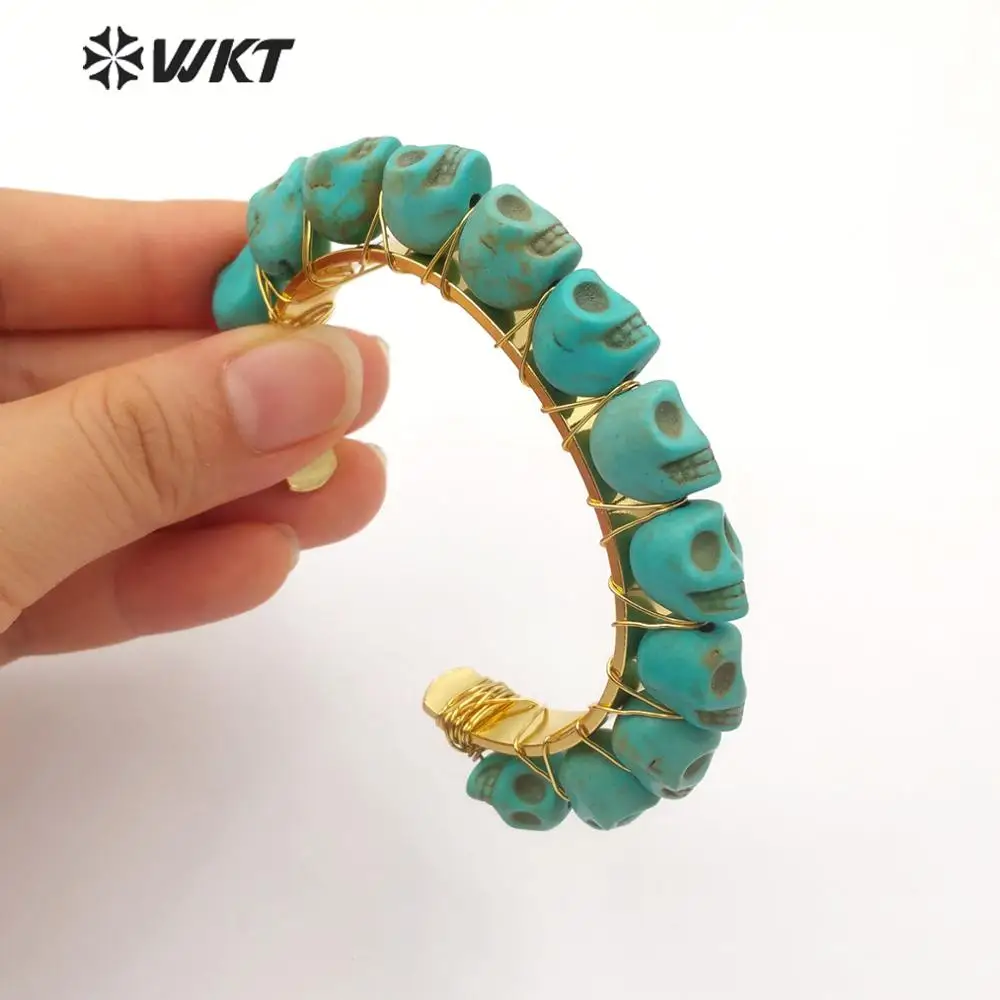 

WT-B475 Natural Tur quoise Bracelet Skull Shape with gold Electroplated Bangle Halloween jewelry Natural Stone Bangle