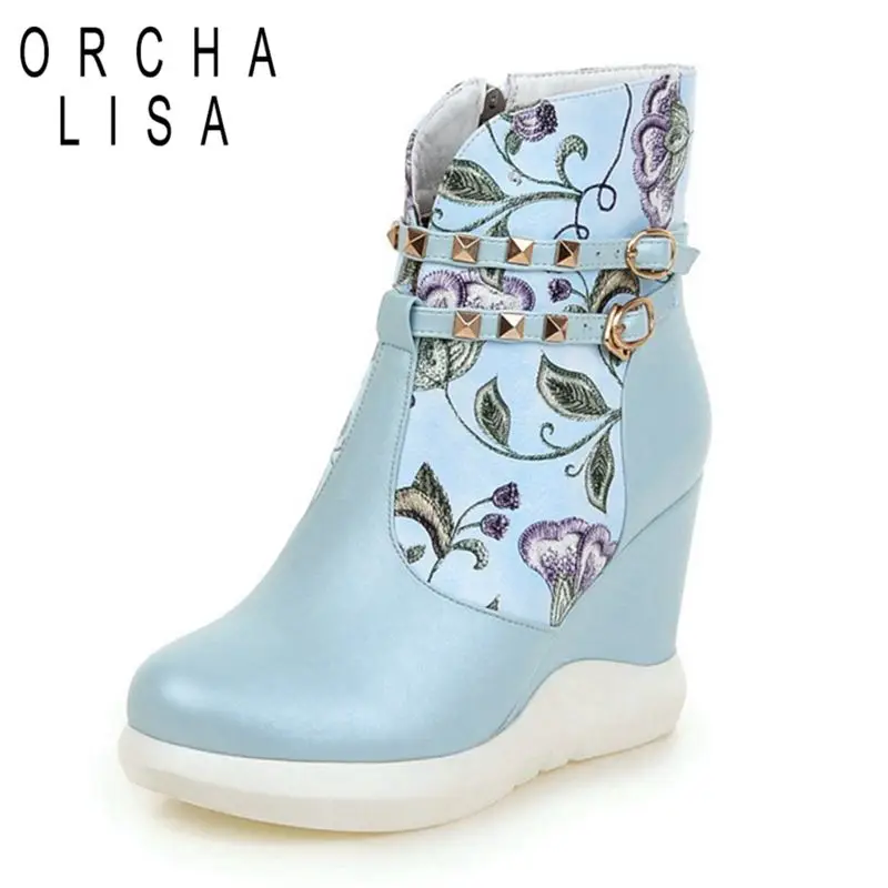 

ORCHA LISA Women Wedge heels shoes platform ankle boots spring flower short bootie plus size 43 Botas Mujer