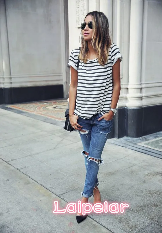 

2018 Fashion Women Lady Clothing T-Shirts Tops Loose Striped Cotton Brief Short Sleeve T Shirt Casual Tee Fashion Lady Summer