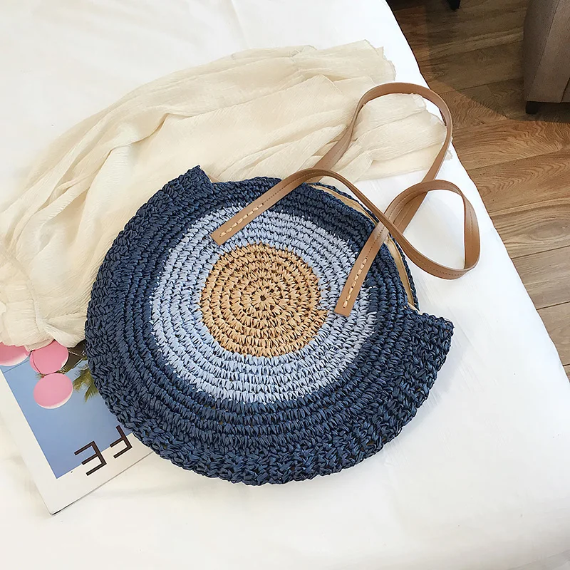 

Straw Round Bag Women Weave Big Capacity Tote Handbags Pu Leather Shoulder Strap Ladies Shoulder Bags Summer Beach Travel Sac