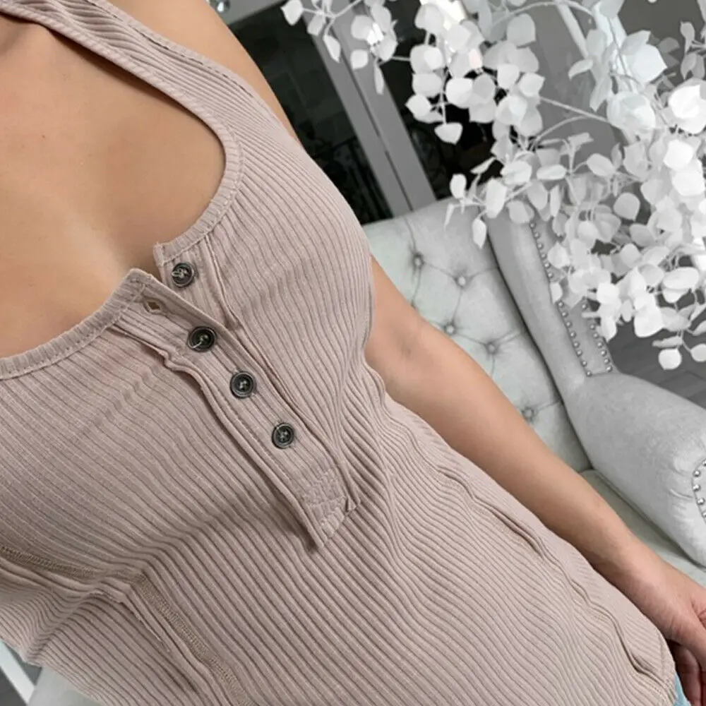 Summer New Ladies Casual Street Daily Sleeveless Solid Skinny Tank Top Vest Women High Quality Scoop Neck Low Cut Button Vest