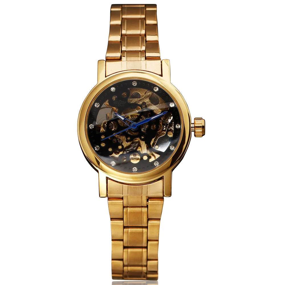 Часы Winner со стальным ремешком со стразами и золотым скелетом женские часы с синей указкой механические Автоматические женские наручные часы с платьем для девочек - Цвет: Черный